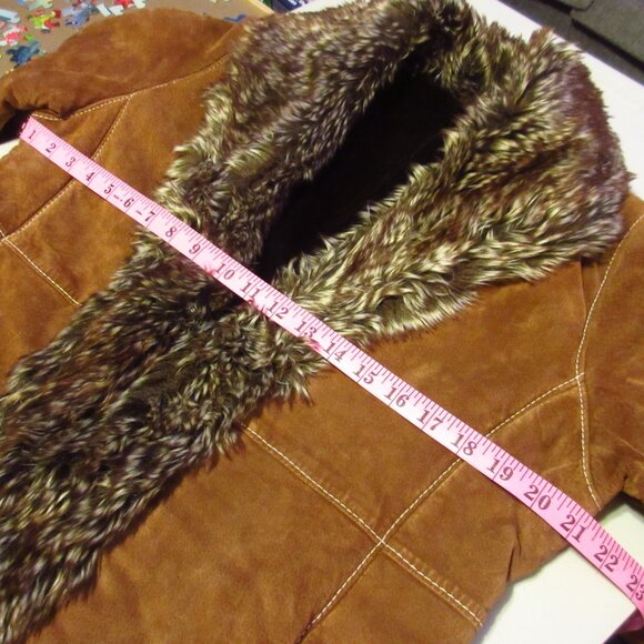 Vintage Marvin Richards Genuine Leather Jacket Long Trench Coat Medium Fur Trim - Picture 13 of 16